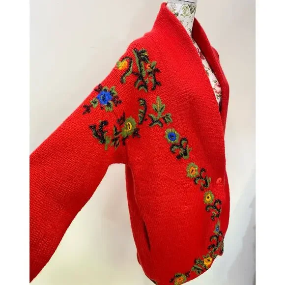 VTG Cervelle Red Bulky, Chunky, Shawl Collar Cardigan, Puff Sleeves, Wool Med - Picture 4 of 8